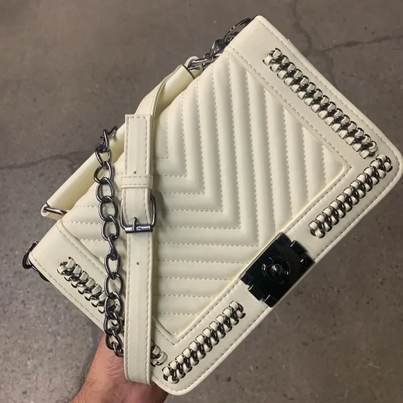 Chevron Quilted Detail with Buckle Closure Chain Strap Shoulder Bag in White - Picture 1 of 9